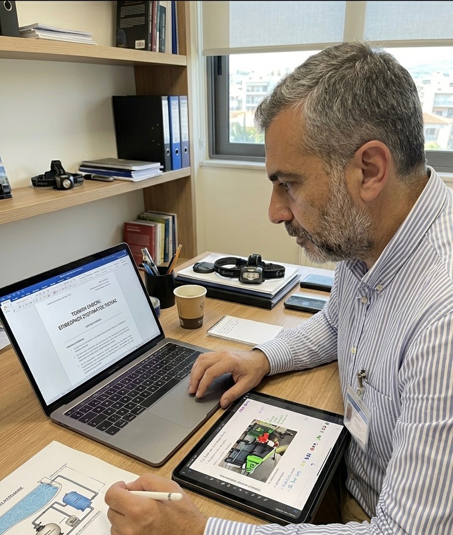 Georgios Papangelou writing an inspection report at his studio desk