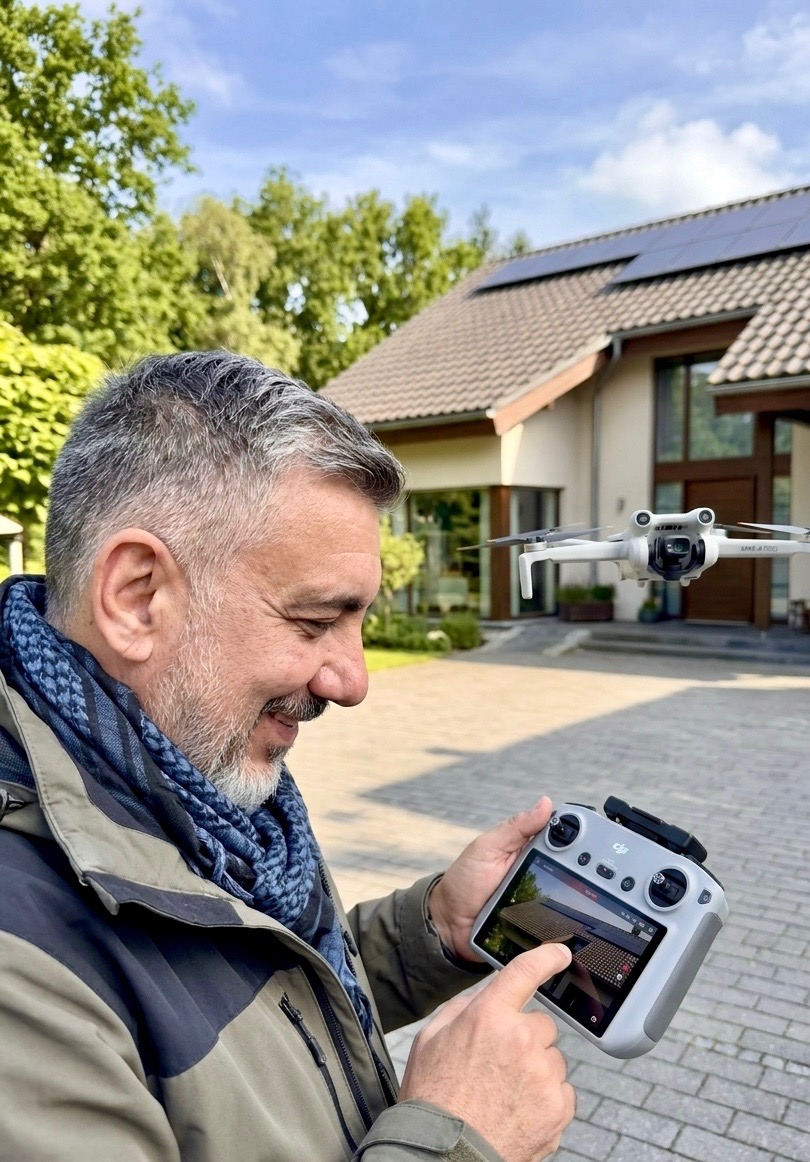 Inspector piloting a DJI drone in front of a residential property