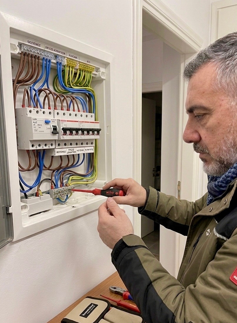 Inspector checking an electrical distribution panel with a screwdriver