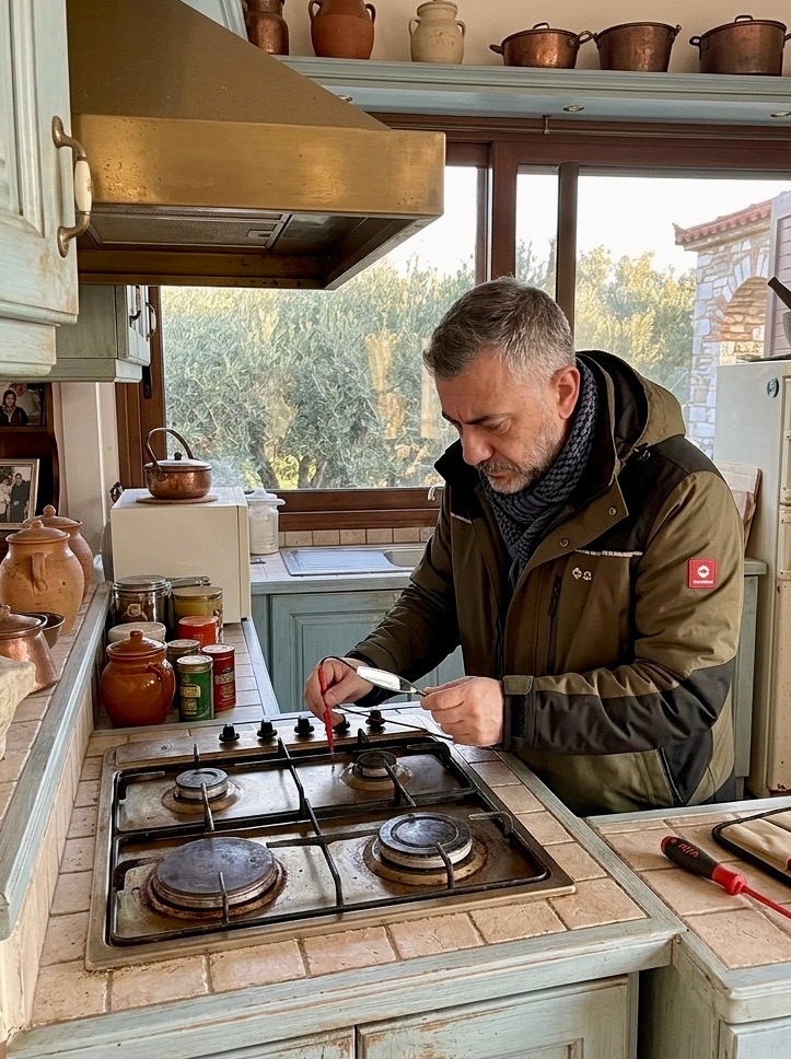 Inspector testing a gas stove in a traditional Greek kitchen
