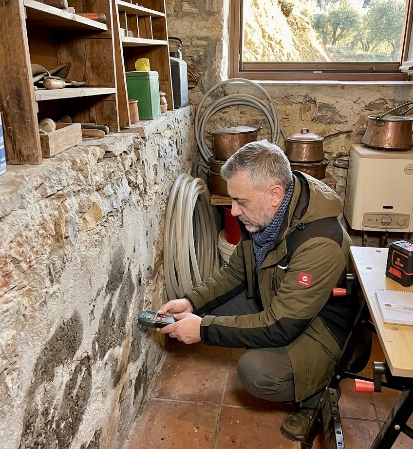 Moisture meter held against a stone wall during inspection