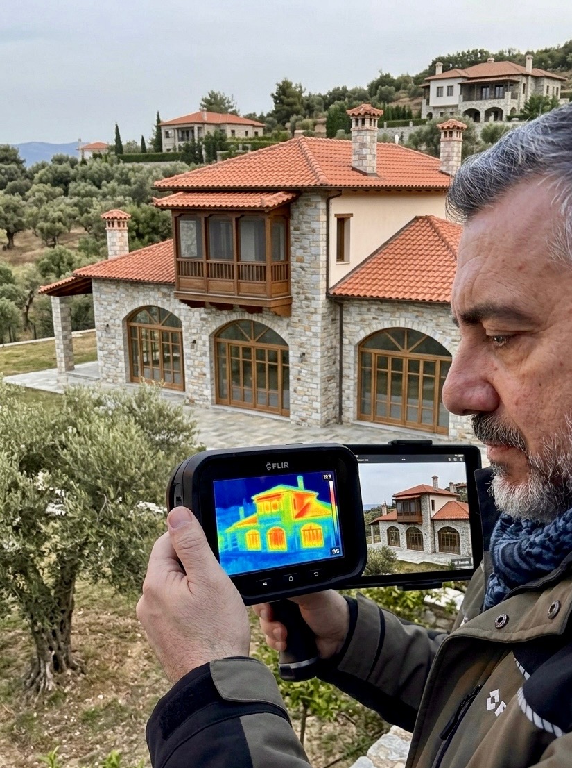 FLIR thermal camera scanning a stone-clad villa in Halkidiki